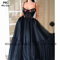 2021 black evening dresses long prom gown spaghetti straps appliques flowers dubai saudi arabic evening dress