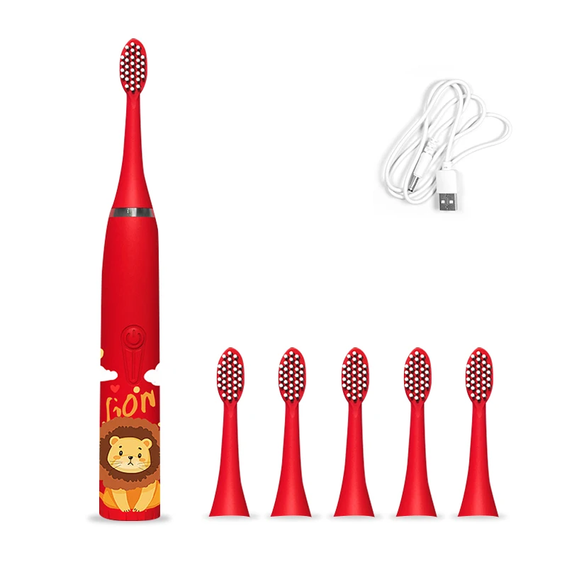 

Children Sonic Electric Toothbrush + Replacement Brush Heads USB Rechargeable Cartoon Pattern Drop Resistant Toothbrush