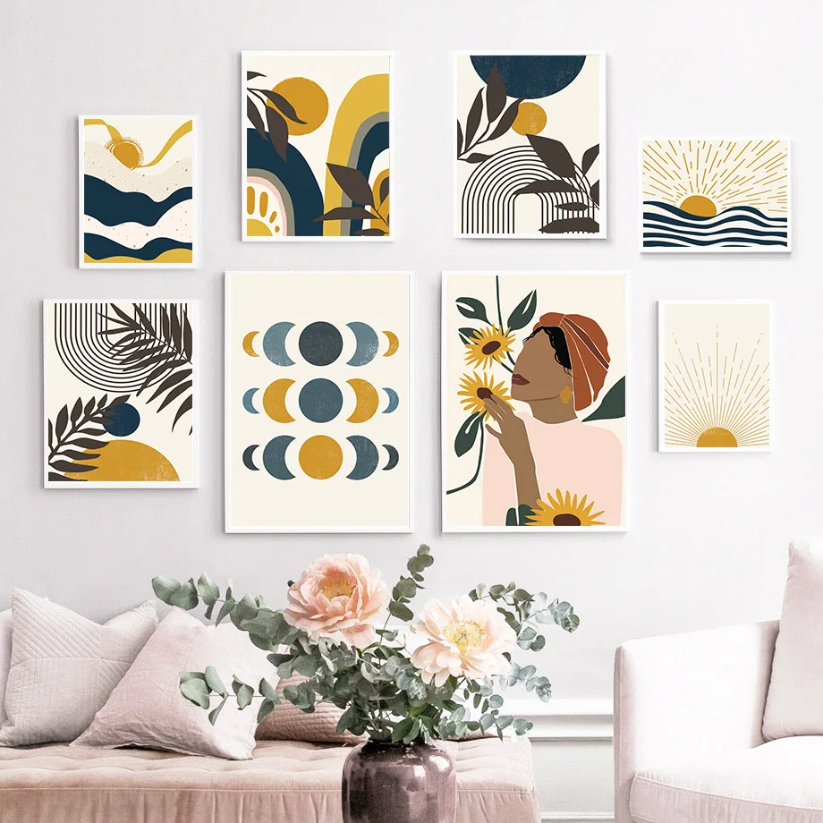 

Boho Girl Abstract Lines Sunrise Flower Leaves Wall Art Canvas Painting Nordic Poster And Prints Wall Pictures For Living Room