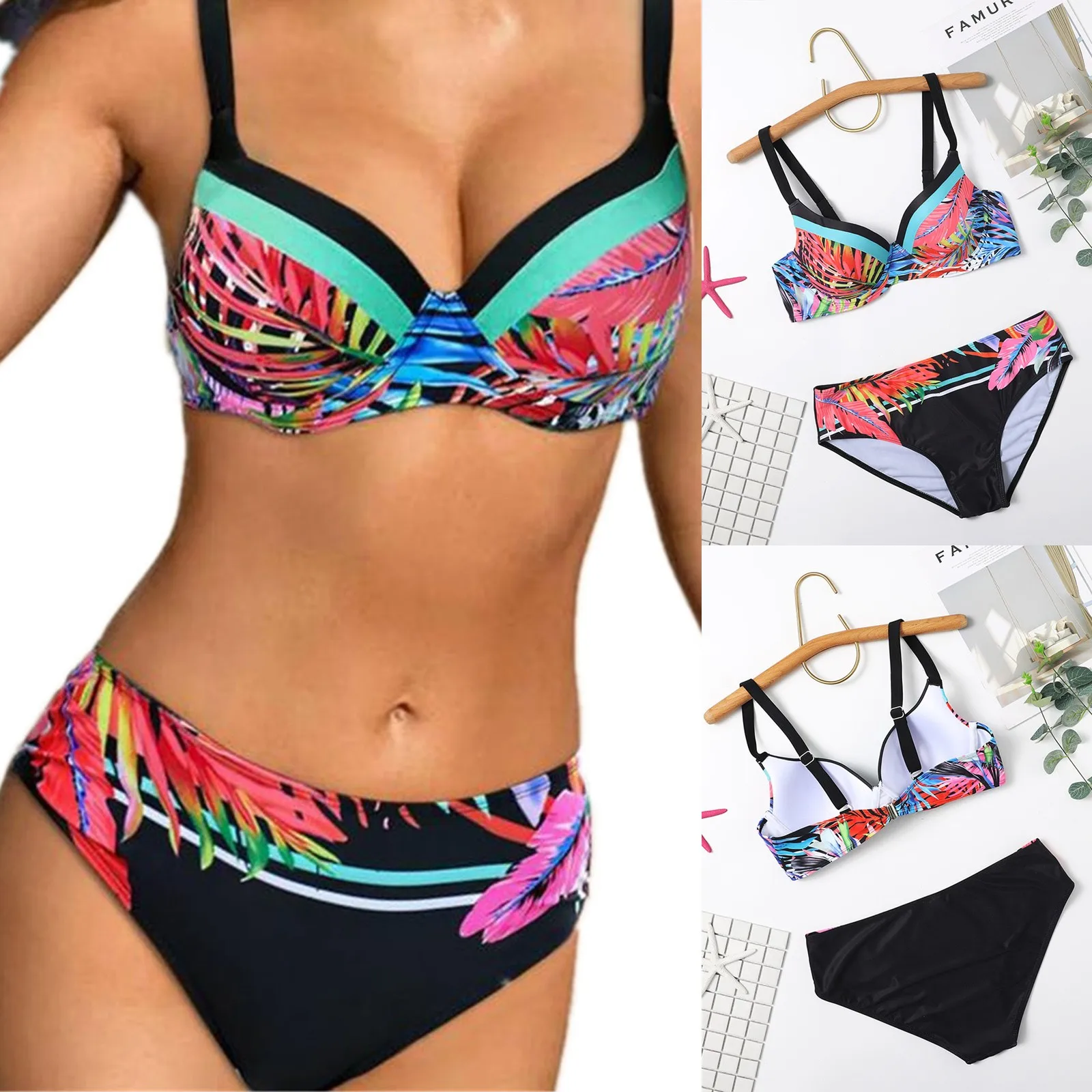 

Swimsuit Bikini Women's Fashion Sexy Leaf Fashion Printing High Waist Split Swimwear Two Piece Set Women