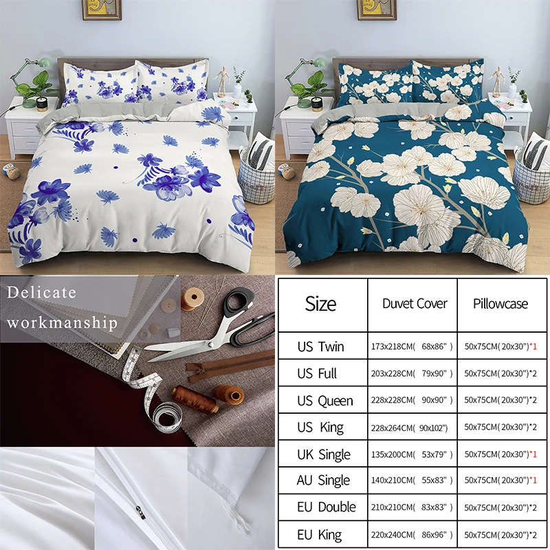 

Blue Flowers Pattern Bedding Sets Soft Duvet Cover Bedclothes Twin/Queen/King Size For Kids Bedroom Home Textile