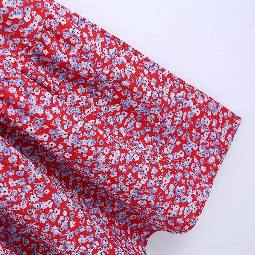 

XNWMNZ 2021 Women Sweet Red Floral Print Ruffles Sling Midi Dress Female Side Zipper Boho Vestido Chic Casual Summer Dresses