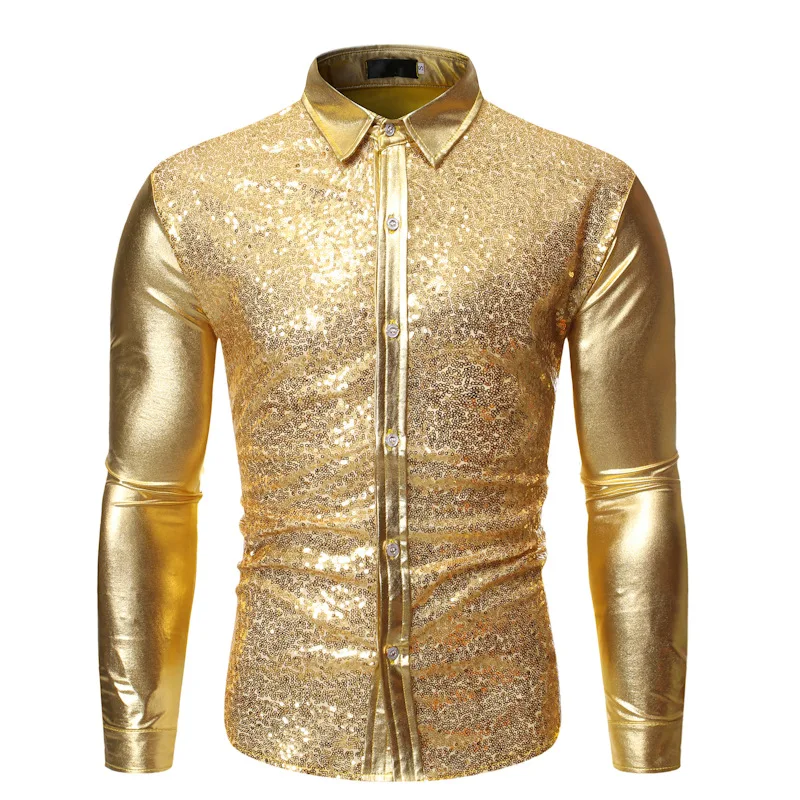 Shiny Gold Sequins Shirt Men Camisa Masculina 2022 Brand New Slim Fit Long Sleeve Mens Dress Shirts Stage Singers Chemise Homme