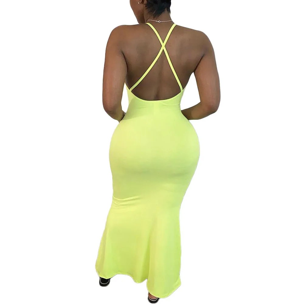 

Elegant Fashion Solid Mermaid Dress Spaghetti Strap Criss Cross Long Dress Scoop Neck Backless Bodycon Maxi Dress Push Up Outfit