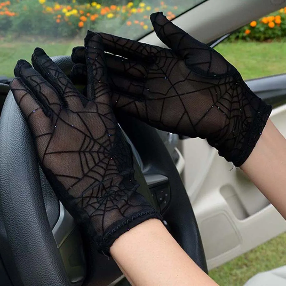 

Fashion Sexy Summer Female Full Finger Sunscreen Short Lace Gloves Women Driving Spider Web Pattern Sun Anti-UV Black Gloves