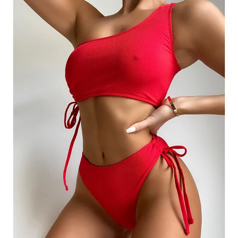 

Mossha 2021, сексуальный комплект бикини с одним плечом, однотонный бандо, женский купальник, стринг, с высоким вырезом, купальник, женский купаль...