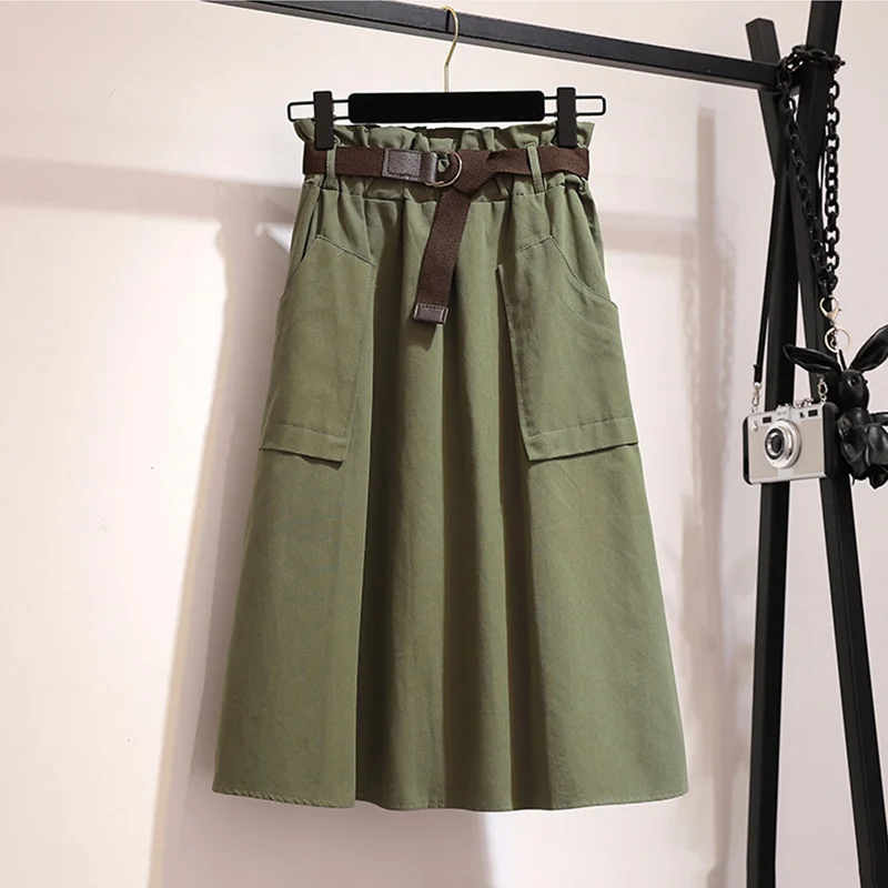 Женская эластичная юбка трапециевидной формы с завышенной талией и поясом