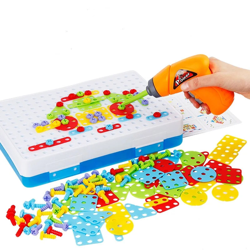 

1set Kids Drill Toys Creative Educational Toy Electric Drill Screws Puzzle Assembled Mosaic Design Building Boy Pretend Play Toy