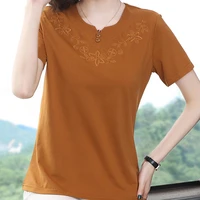 summer casual v neck women tshirts female embroidery tee shirt femme cotton t shirt short sleeve solid tees korean style clothes