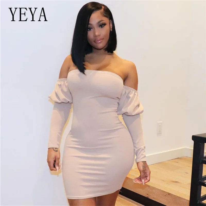 

YEYA Off Shoulder Mini Bodycon Sexy Hollow Out Long Sleeve Slash Neck Package Hip Skinny Party Nightclub Casual Women Dresses