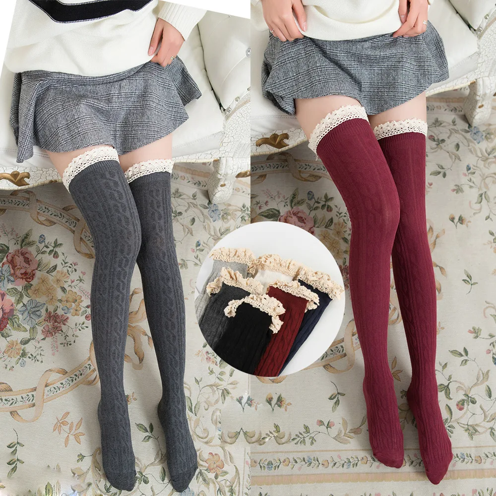 Осенние длинные носки женские теплые носки женские Kawaii модные повседневные Хлопковые гольфы выше колена кружевные носки для девочек женские чулки