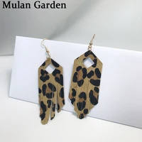 mg trenyd genuine leather leopard earrings for women leather tassel pendant dangle earrings elegant fashion jewelry accessories