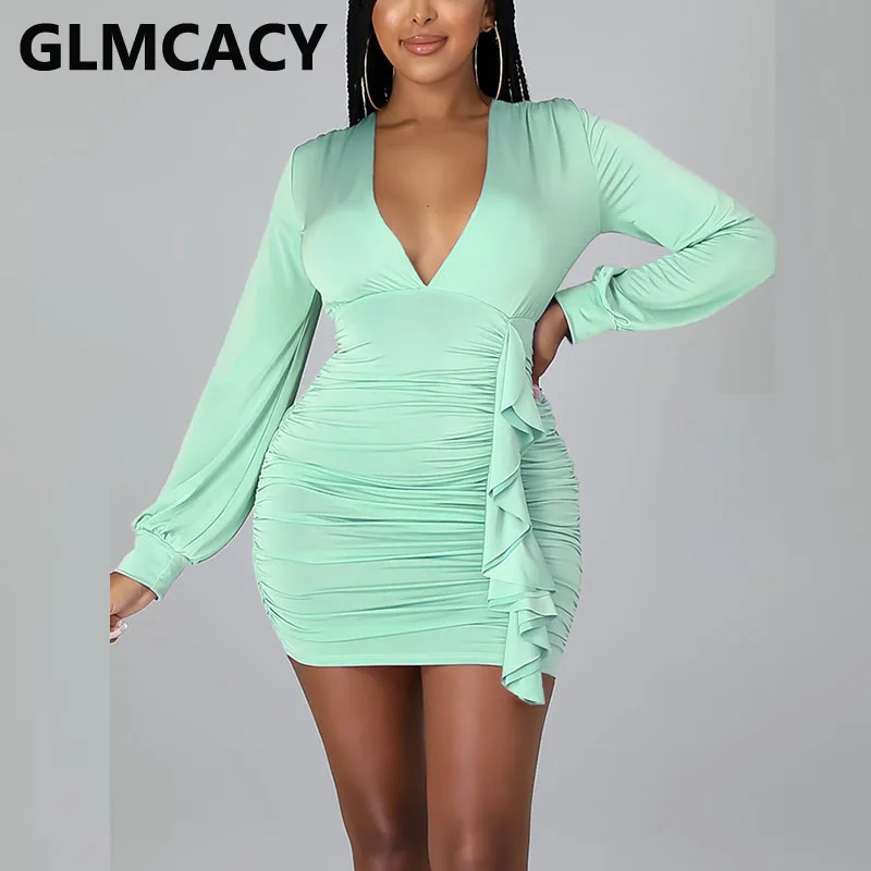 

Women Long Sleeve V Neck Ruffles Bodycon Party Club Mini Dress