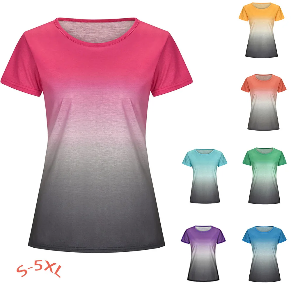 

Summer T-shirt Women Short Sleeve Rainbow Gradient Tshirt Female Aesthetic T Shirt Girl Blue Green Pink Tops Plus Size Tunic 5XL