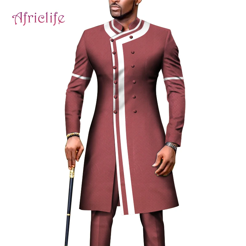 Men's Suit African Clothing Dashiki Long Slim Jackets and Pants Double Breasted Fit Formal Outfits for Wedding WYN1334