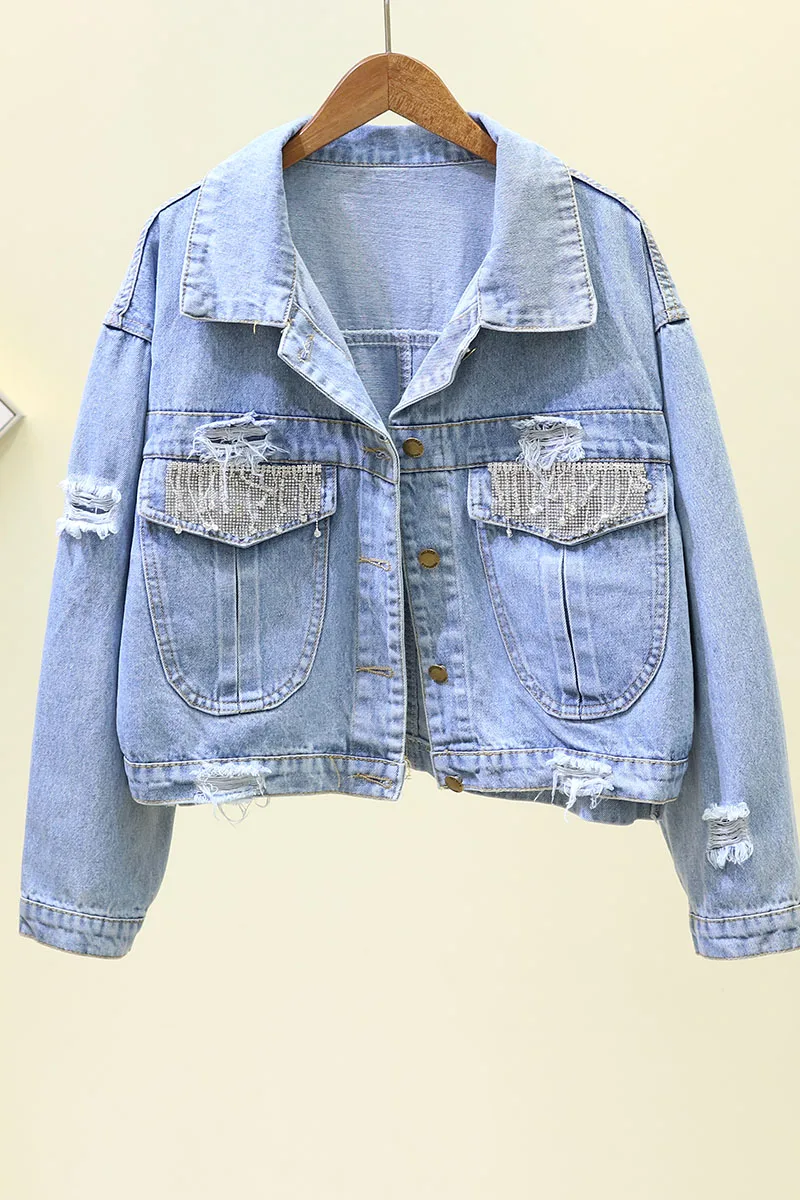 

2019 Autumn New Korean Style Loose Denim Jacket Women Casual Jeans Jackets Top Girls Lady Diamonds Holes Cowboy Coats Streetwear