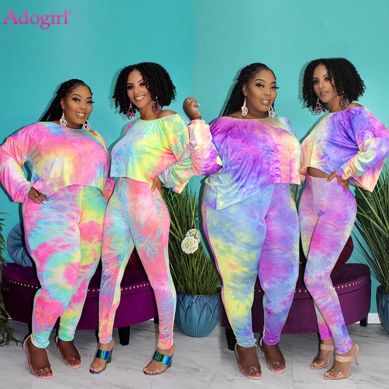 

Adogirl S-5XL размера плюс Tie Dye комплект из двух предметов, Свободный пуловер с длинным рукавом, брюки-карандаш, уличная одежда, спортивный домашн...