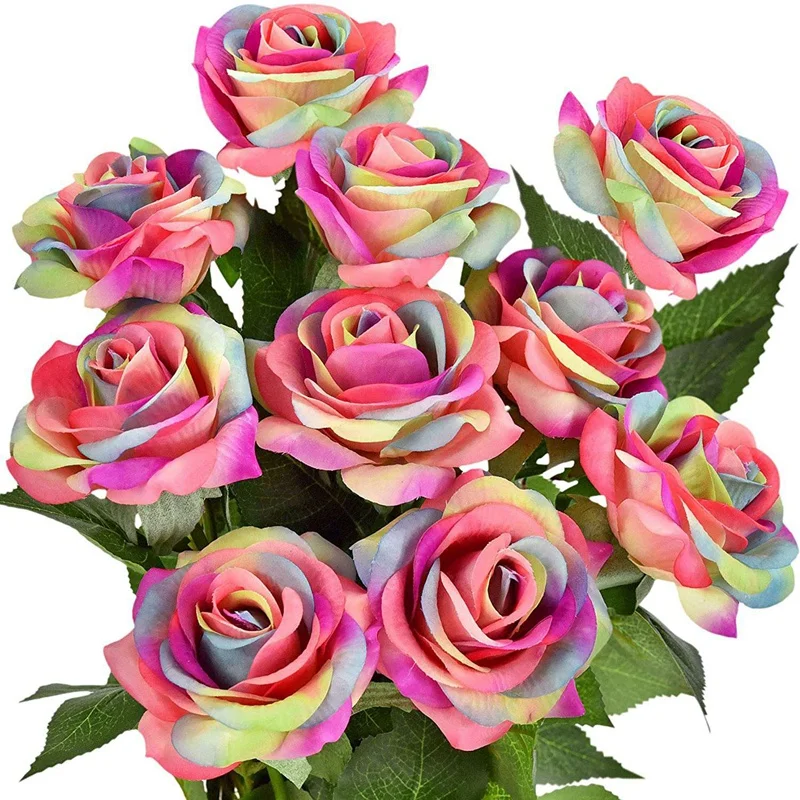 

8 шт., радужные искусственные розы, искусственные шелковые розы