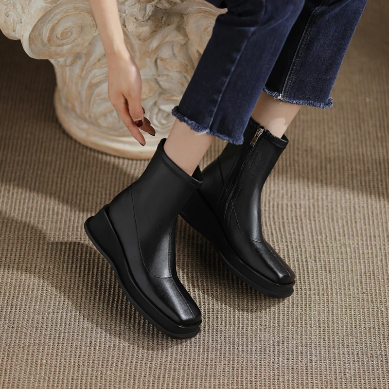 

Concise Shoes Woman Autumn Winter Newest Platform Wedges Heels Winter Boots Genuine Leather Fashion Party Working Boots Boots