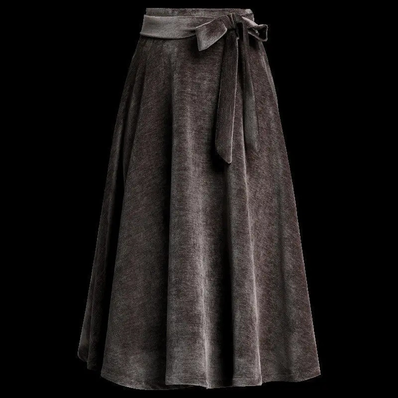 

2021 Autumn Winter New Women with Belt Retro Wild Skirt High Waist Middle-long Gold Velvet Solid Color A- Line Skirts Y244