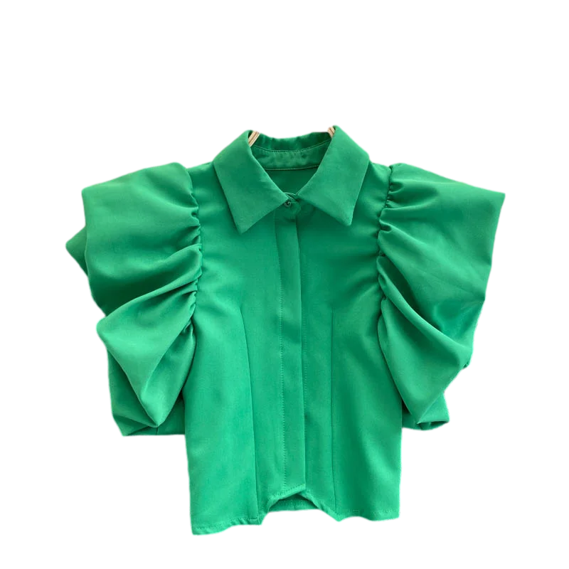 

2021 Summer Fashion New Style European and American Insblouse Female Lapel Puff Sleeve Blusa Slim Short Fashionable Shirt GK627