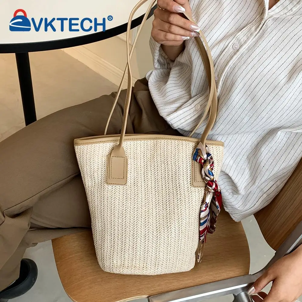

2021 New Women Bucket Shoulder Tote Bag Fashion Woven Beach Large Silk Scarf Women Summer Shoulder Bag HandBags