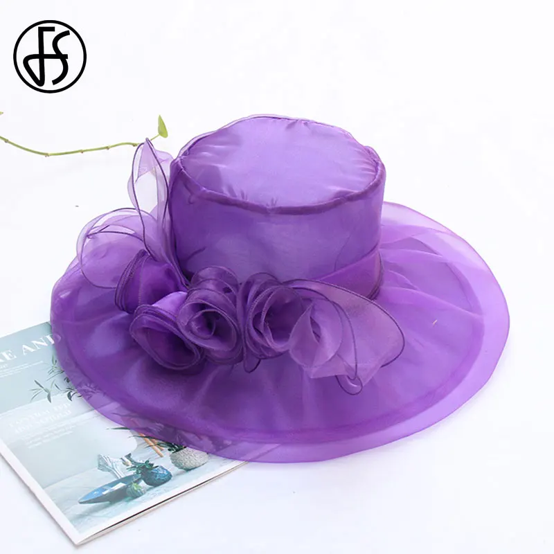 Женская шляпка из органзы FS элегантная фиолетовая с широкими полями и цветами