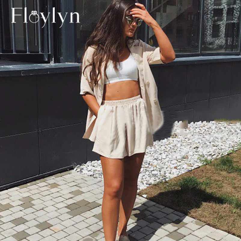 FLOYLYN летний женский хлопковый короткий спортивный костюм куртка на шнуровке