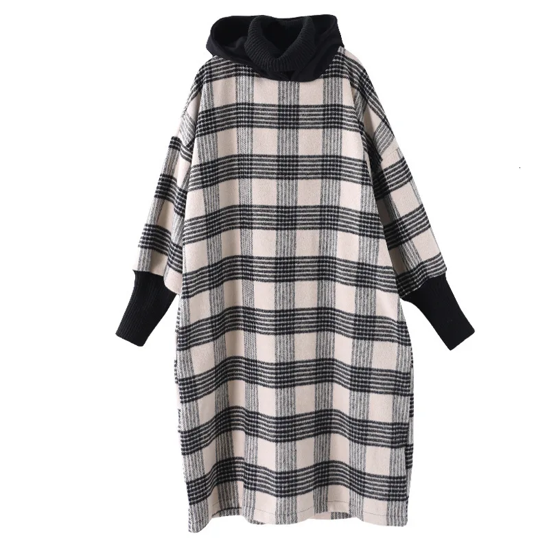 Max LuLu Winter Luxury Korean Ladies Plaid Streetwear Women Vintage Long Hooded Dresses Casual Turtleneck Clothes Plus Size