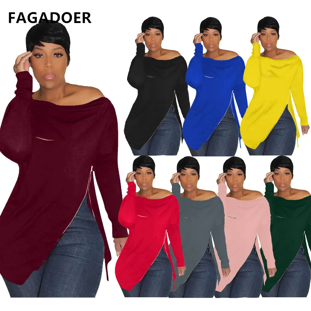 

Однотонная Повседневная футболка FAGADOER, женская блузка с асимметричным подолом и молнией, осенняя уличная одежда, топы 2021