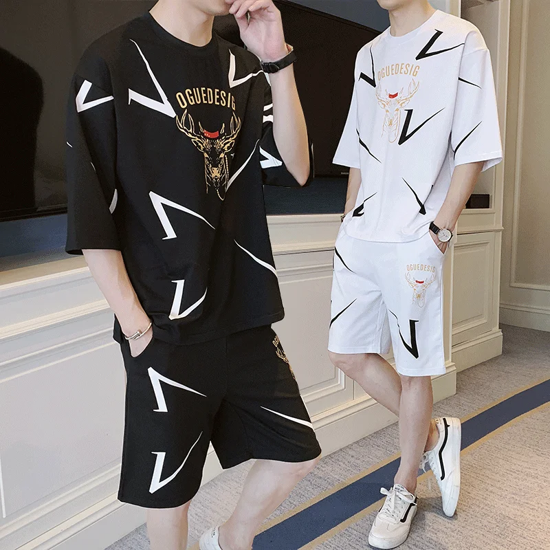 

Мужской спортивный костюм, с коротким рукавом, свободный, Повседневный, для лета, 2021