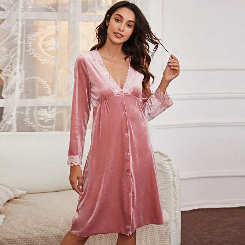 

Женская домашняя одежда, осень-зима, женское золотое бархатное сексуальное кружевное платье, повседневный пижамный комплект, ночная рубашк...