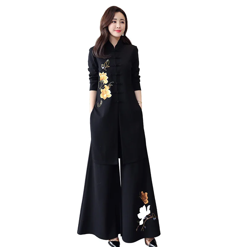 Chinese style improved embroidery cheongsam suit spring and autumn new women's retro Tang suit fashion wide-leg pants two-piece