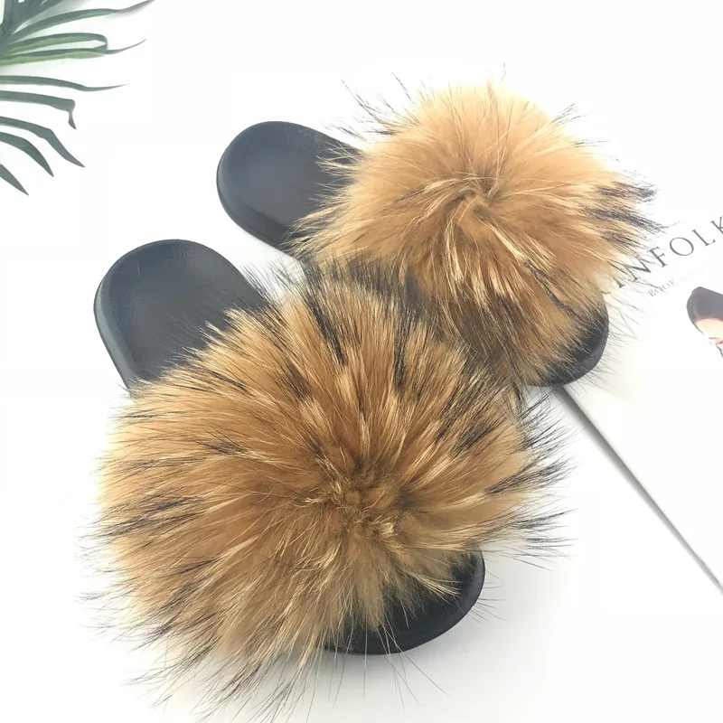 

Hot Sale Real Natural Racoon Fur Slippers Women Comfort With Feathers Raccoon Furry Slides Sandal For Women Flats Sweet Ladies S