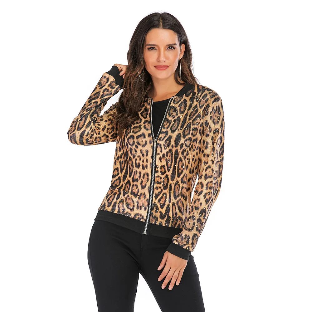 leopard Gold Весенние женские куртки с цветочным принтом размера плюс, Короткое женское пальто на молнии с длинным рукавом, летняя женская куртка-бомбер - Цвет: leopard Gold