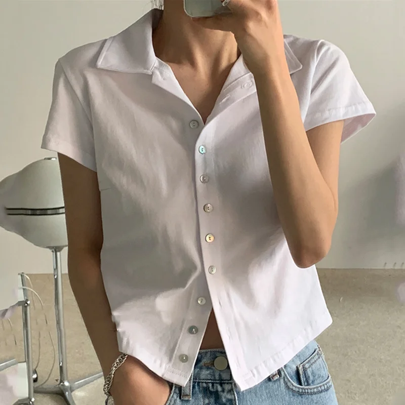

Korean Chic Summer Simple Lapel Single Breasted Cardigan Short Top Casual Short Sleeve T-shirt for Women