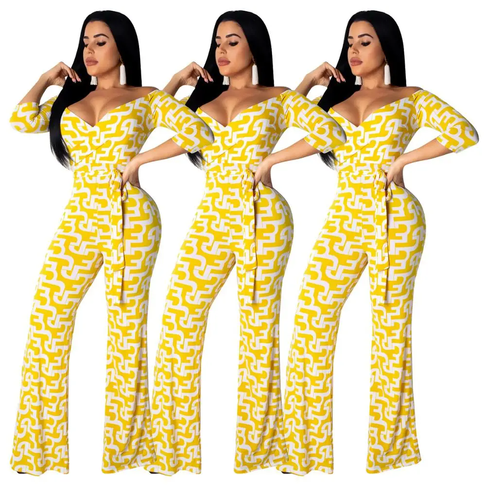 

Women's Jumpsuit Romper Suit V-Neck Gometric Patter with Belt Straight Leg Elegant Slim Sexy Playsuit Jumpsuits Romper Pants