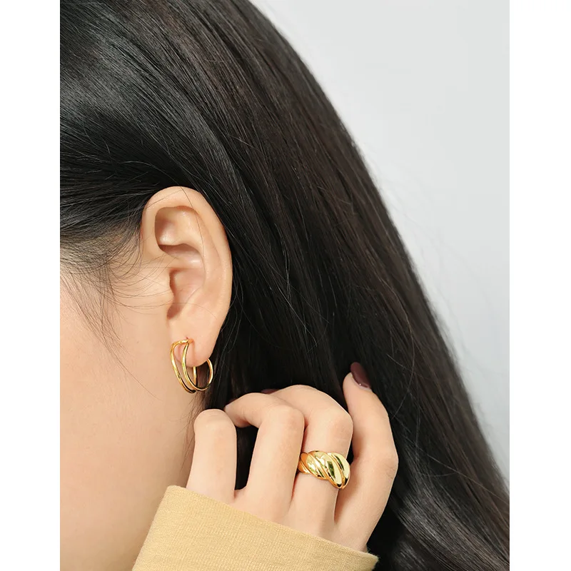 

YPAY 100% Real 925 Sterling Silver Stud Earrings for Women Korea INS Geometric Double Lines Earring Fine Party Jewelry YME790