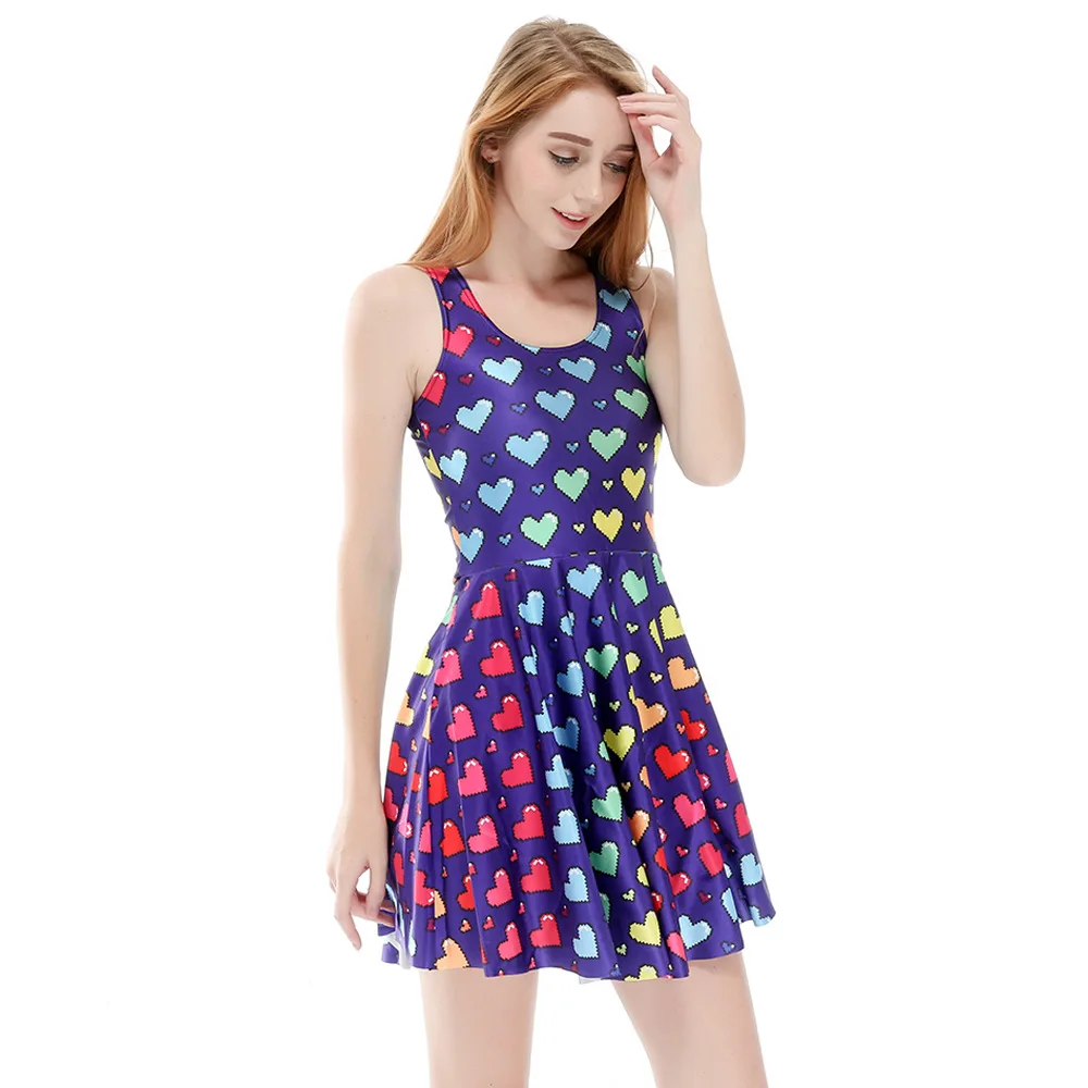 Синий фон Красочные Любовь Цифровая печать плиссированная юбка-Зонтик Горячая |