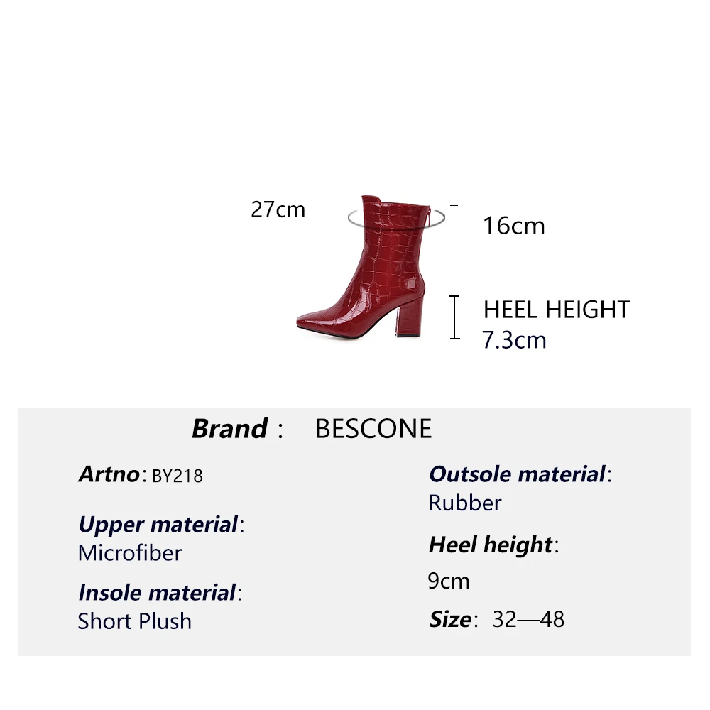

BESCONE Handamde Women Mid-Calf Boots Sexy Pointed Toe Zipper Square Heel Shoes Winter Warm 7.3 cm High Heel Ladies Boots BM218