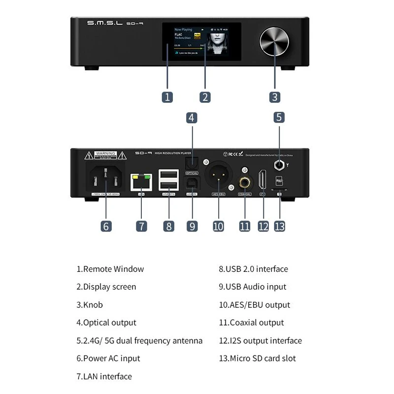 SMSL SD-9 MQA HIFI Сетевой музыкальный плеер SD9 поддержка DSD WAV APE FLAC AIFF MP3 Настольный |