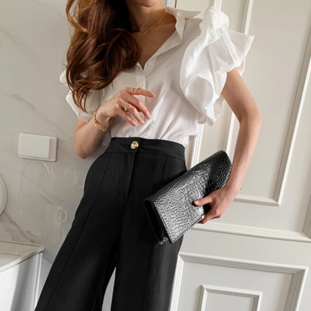 

2021 Summer New Japanese Style Korean Fashion Temperament Solid Color Blouse Lapel Flying Sleeves Single-breasted Women's