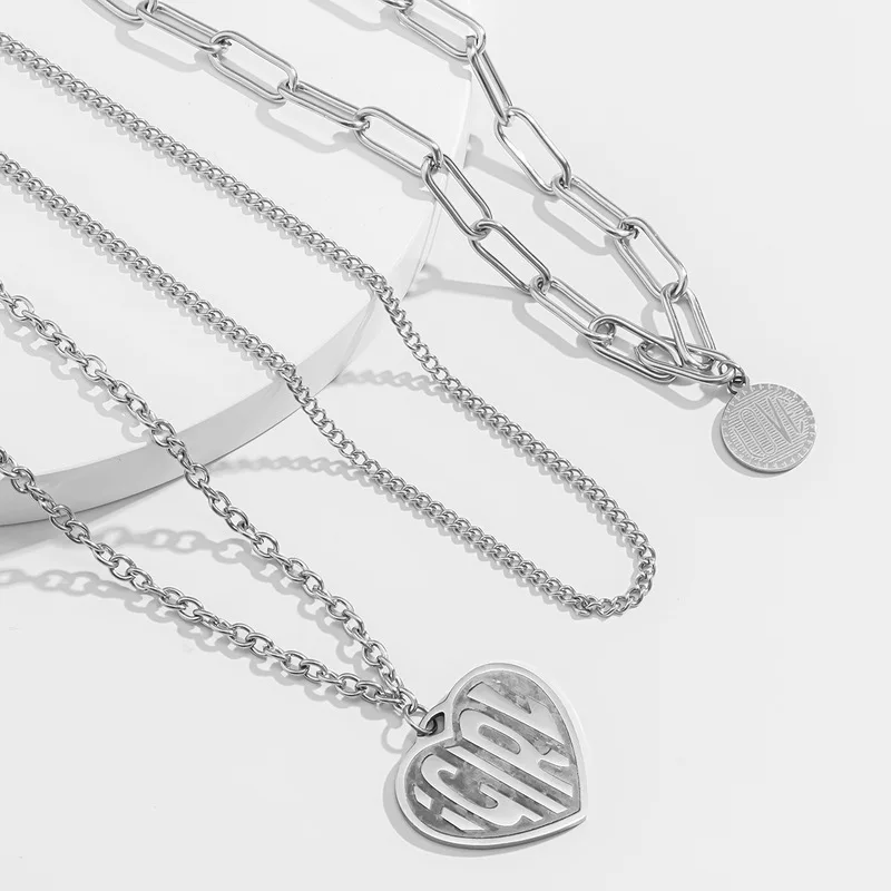 

POTCET Unisex Stainless Steel Multilayer Love Titanium Steel Necklace Pendant Geometric Fashion Hip Hop Party Jewelry