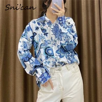 blue floral print shirts casual fashion office ladies blouse za women tops chemisier femme spring tops blusas de mujer chaqueta