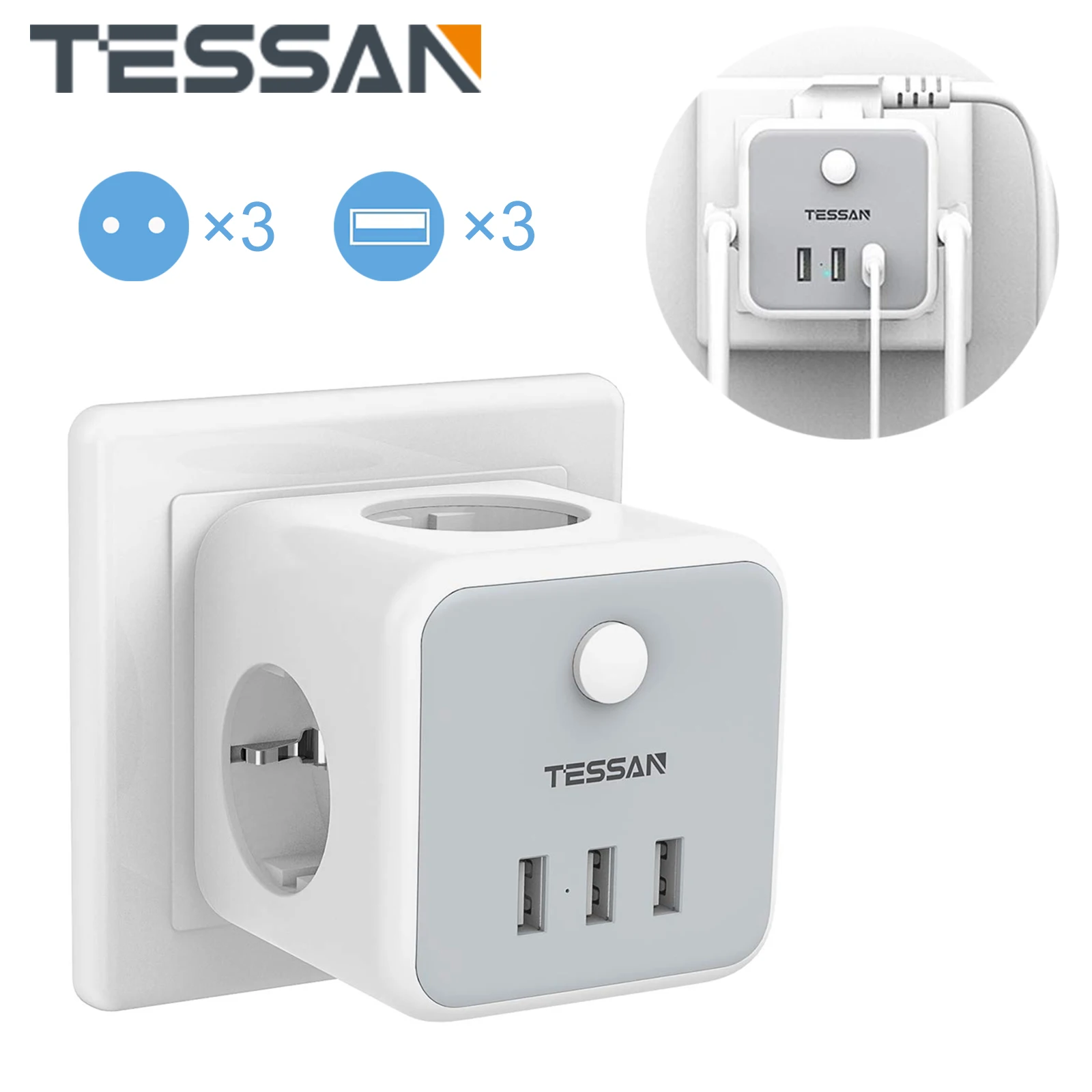 

TESSAN Cube Socket Power Strip with On/Off Switch 3 AC Outlets & 3 USB Ports, 100-250V Power Outlets EU Wall Charger Adapter
