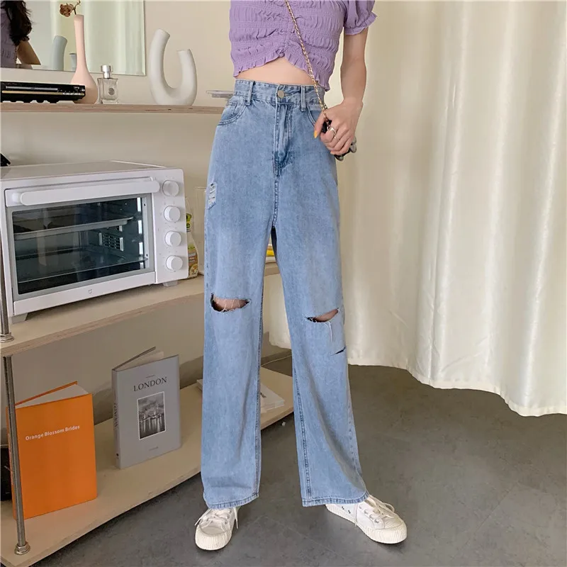 

High Waist Ripped Jeans Women's Trousers 2021 New Summer Fashion Hole Pants Loose Straight Denim Washed Female Pants