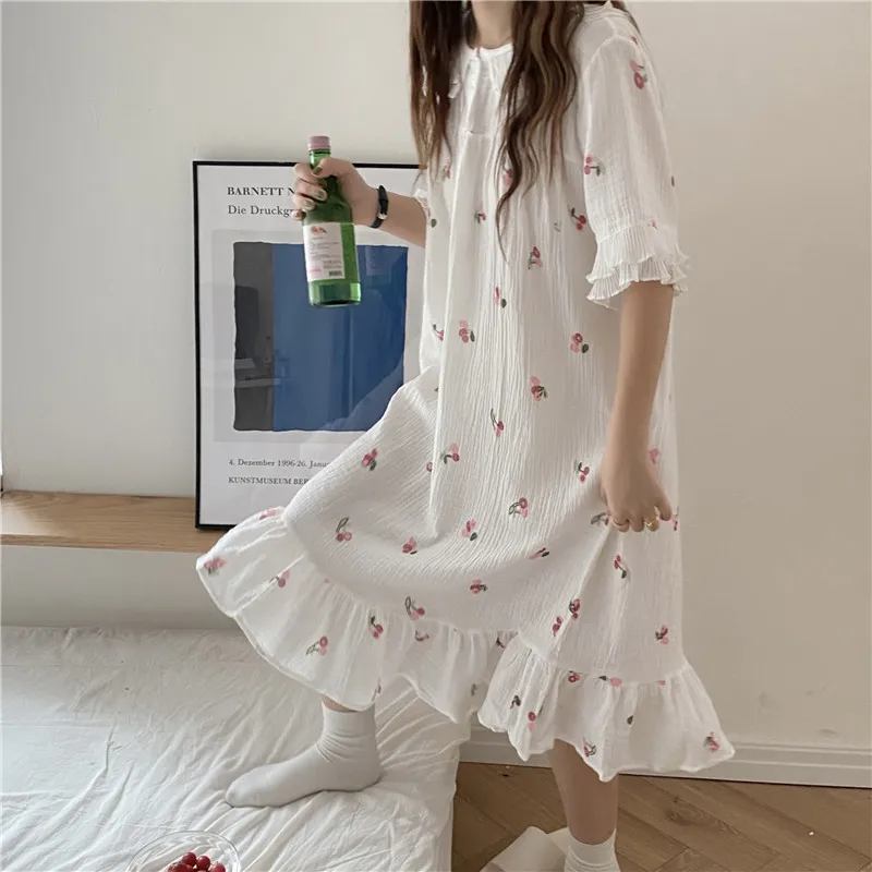 

Summer Comfortable Soft Cotton Nightgown Crepe Women Sleepwear Peter Pan Collar Chiffon Lace Flower Print Dress Homewear