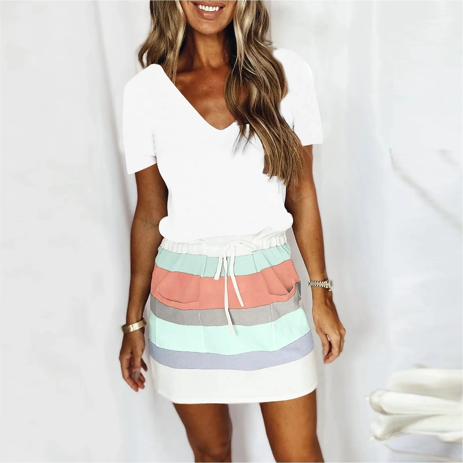 

Женское Элегантное летнее платье в полоску с коротким рукавом, модное Повседневное платье на шнуровке с эластичным поясом, женские сексуал...