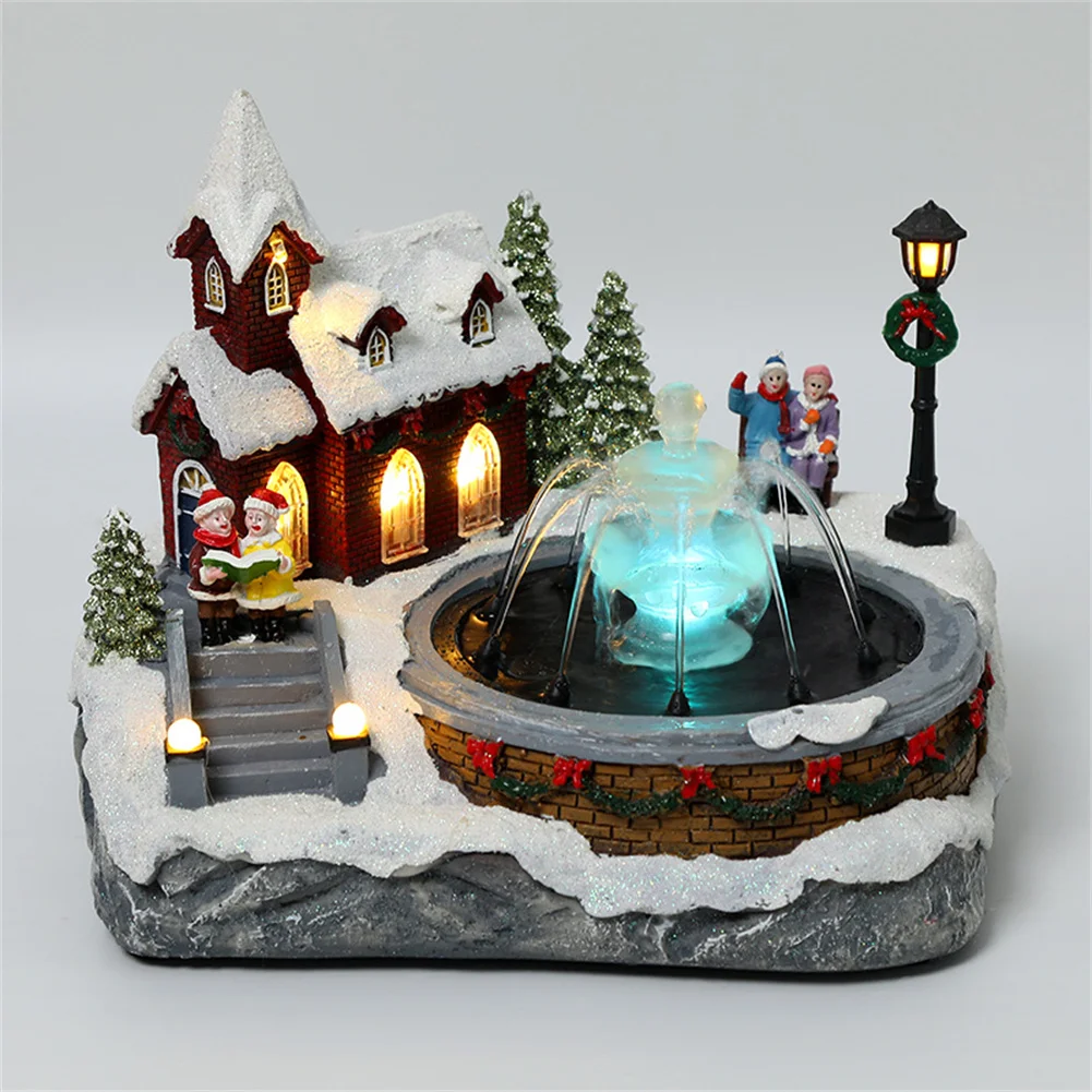 

Christmas Village Scene Ornament Colorful LED Lighted Resin Snow House Music Water Fountain Animated Statues Figurine 2022 Hot