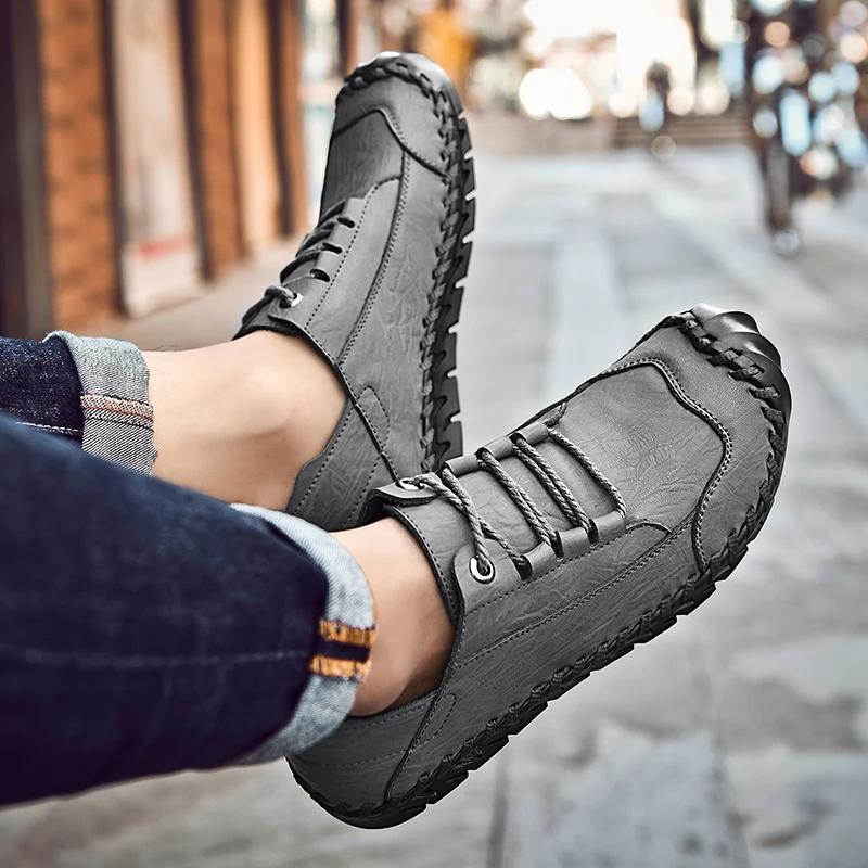 

2021 Spring New Fashion Men's Shoes Casual Leather Lace-Up Shoe Male Black & Gray Autumn Retro Handmade Shoes For Men Size 38-44